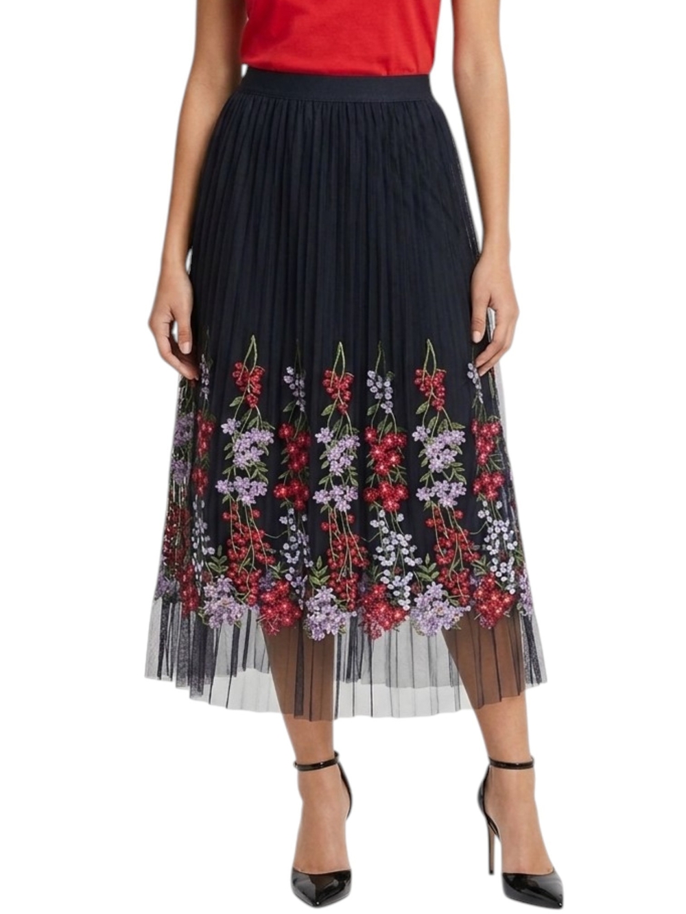 Moon Collection Black Tulle Pleated Midi Skirt Red Floral Embroidered Mesh M/L